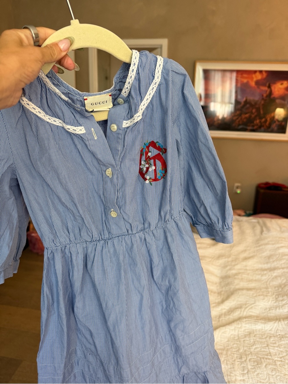Gucci Blue Striped Girls' Cotton dress with Embroidered Crest